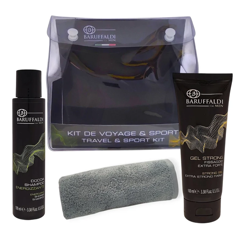 Sampon 100 ml , hajzselé 100 ml, arctörölköző travel kit Baruffaldi